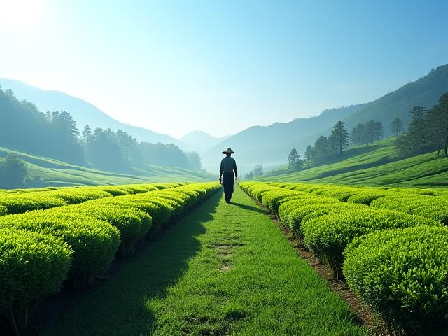 日本の茶畑で働く農家