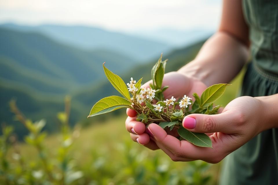美しい日本の山々で、女性が植物を丁寧に収穫しているマクロ画像