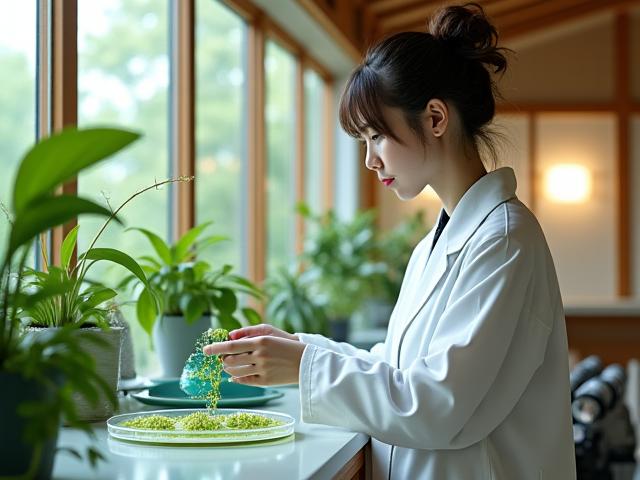 日本の伝統的な木造建築の工房で、研究者が植物エキスを研究している様子