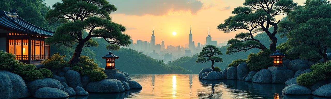 東京のスカイラインと伝統的な日本庭園が融合した夜景のイラスト